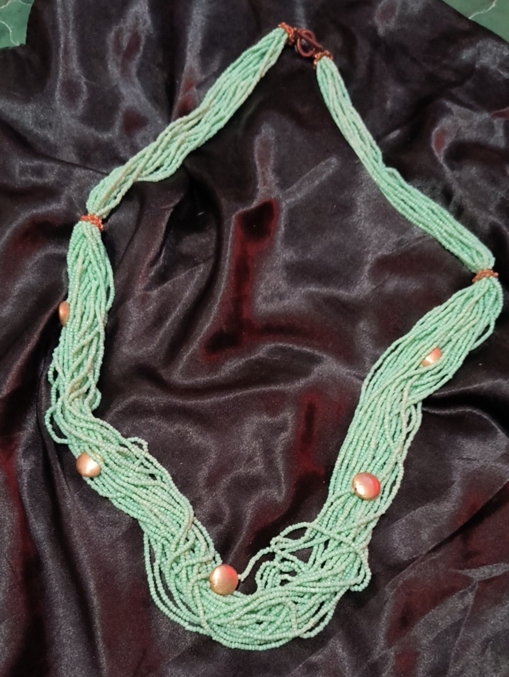 Gold Tone 32" Pale Blue/Green Colored 24-Strand Seed  Beaded Necklace
